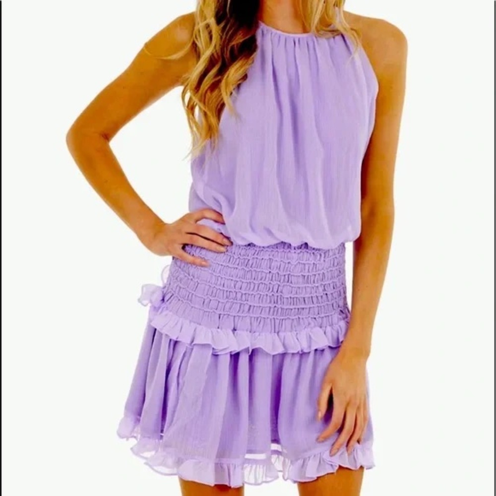 DO+BE Lilac Ruffle Mini Dress Sleeveless Smocked Waist Size M NWT